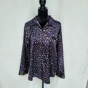 VICTORIAS SECRET satin PJ pajama top sleep shirt button up black leopard Large